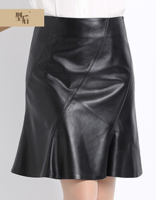 型后 秋冬新款真皮皮裙半身裙包臀裙A字裙高腰抽褶荷叶边鱼尾中裙中长款潮 黑色 L