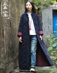 乱在江南民族风长款棉服女冬季新款复古提花棉盘扣加厚宽松外套 深蓝色 L