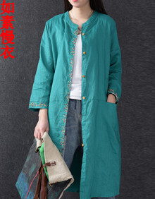 如素慢衣女装新款文艺刺绣复古开衫外披立领衬衫口袋1670 孔雀蓝 均码