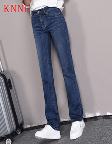 KNNE直筒裤女2019新款韩版显瘦经典款牛仔裤大码中腰女长裤 深蓝色 31码