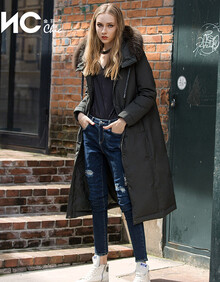 linc/金羽杰羽绒服女过膝长款连帽背后抽绳冬新款风衣运动感8J51001 颓绿色 M