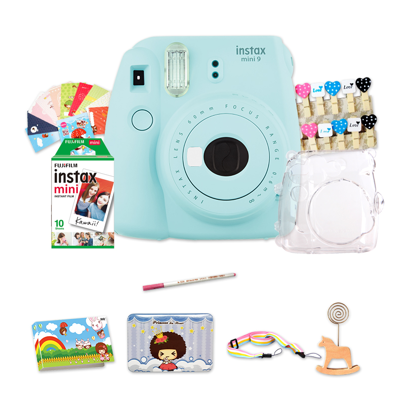 富士instax立拍立得学生一次成像mini9冰霜蓝美颜相机&实用配件礼包&