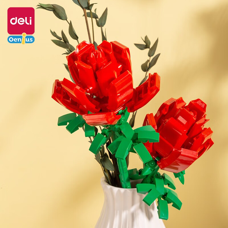 拍3件 得力(deli)积木拼装乐女生高花束小颗粒拼插迷你永生花朵装饰