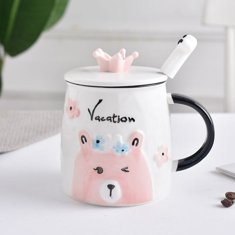 出极创意手绘可爱小熊马克杯卡通陶瓷杯少女水杯带盖勺杯子早餐牛奶杯