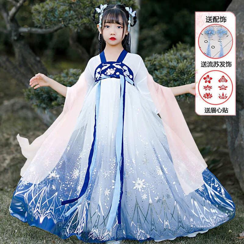 潮无界女童汉服超仙中国风唐装飘逸齐胸古装雪纺连衣裙唐装儿童仙女裙