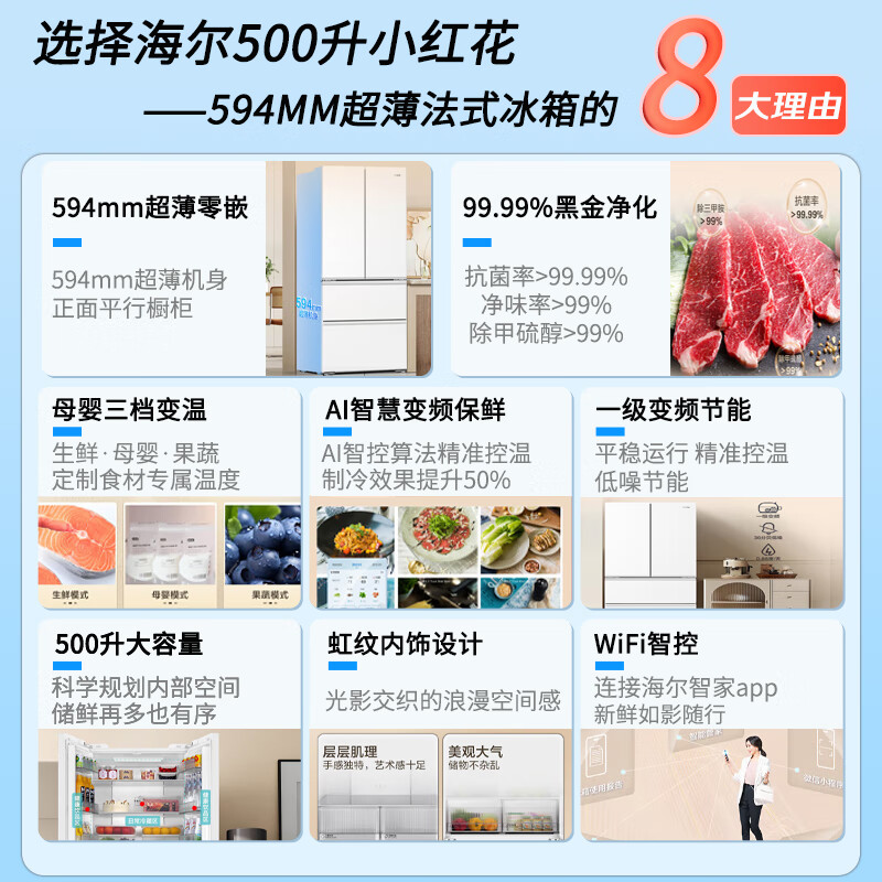 HaierС컨Ű桿Ʒ500䷨ʽ594mmרҵζAIǻһЧǶʽ BCD-500WGHFDEDWVU1