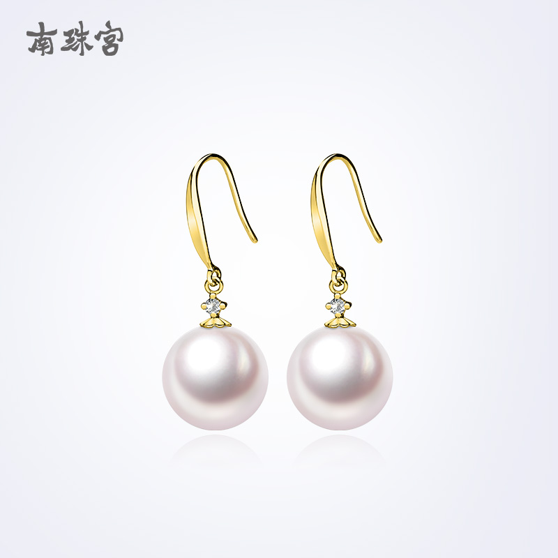 南珠宫 灵动淡水珍珠耳环18k金白色圆强光女款珍珠耳钉耳饰送女友