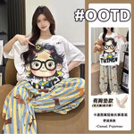 巴洛蓮 BORORAMCC云朵棉帶胸墊睡衣女短袖長褲夏季家居服套裝外穿 610眼鏡女孩 L 默認(rèn)尺碼2 建議100-115斤