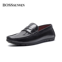 BOSSSUNWEN男鞋皮鞋男商务休闲透气时尚软底套脚豆豆单鞋软面乐福鞋一脚蹬低帮6A80507S 黑色 40