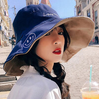 JINGPEI 防晒帽子女遮阳帽太阳帽夏季户外透气防紫外线女士日系渔夫帽 笑脸遮阳帽 双面藏青