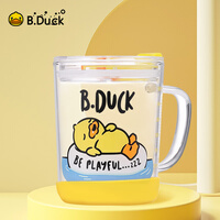 B.DUCK小黄鸭牛奶杯350ml 儿童高硼硅玻璃水杯男女宝宝带刻度吸管杯可微波炉加热冲泡奶粉直饮杯