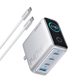 ANKER【国家3C认证】安克智显充140W充电器 氮化镓屏显type-c多口pd快充100W头适用iPhone16手机电脑 银