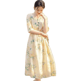 PLUS會(huì)員：子牧棉麻 女士文藝復(fù)古印花連衣裙 Z22XH001871