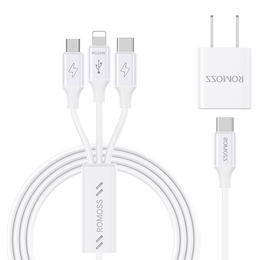 羅馬仕蘋果充電器三合一快充套裝PD20W氮化鎵適用iPhone15ProMax/14/ipad華為小米平板手機(jī)type-c插頭 1m