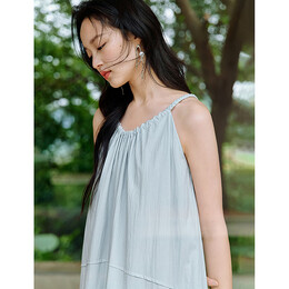 茵曼莱赛尔欧若风挂脖无袖连衣裙夏季女装百搭宽松a字裙子浅蓝色  XL