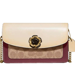 COACH 蔻馳 Parker系列 女士涂層帆布配皮單肩包 1680 B4QVB 米黃色酒紅色 小號(hào)