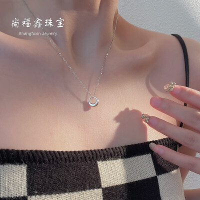 尚福鑫珠宝 银饰几何圆圈圆环项链 冷淡风气质锁骨链女简约气质银颈链子项饰 几何圆圈项链-银色