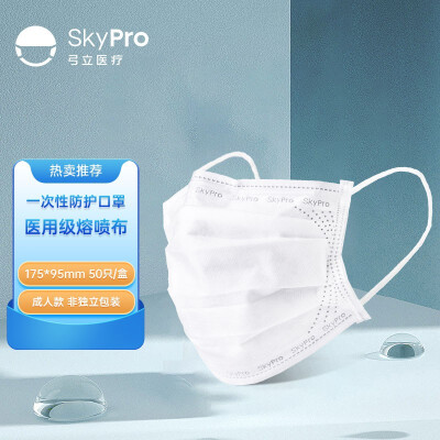 SKYPRO弓立 一次性防护口罩成人口罩纯白色50只防尘防沫 纯白成人口罩50只【1盒】
