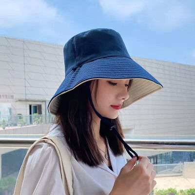 觉致夏天渔夫帽女遮脸韩版遮阳帽子大沿潮百搭日系夏季时尚 (双面款)藏青+米色 均码