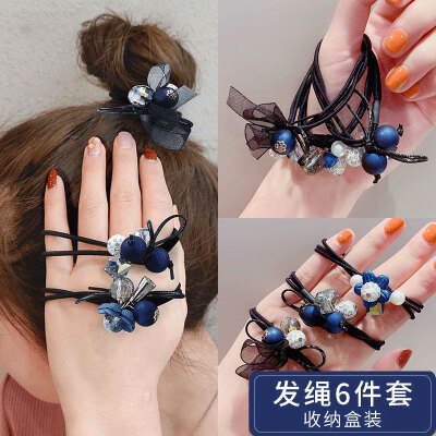 月随人 皮筋女扎头韩国高弹力网红发圈韩版可爱头发绳简约森系头绳女 蓝色六件套