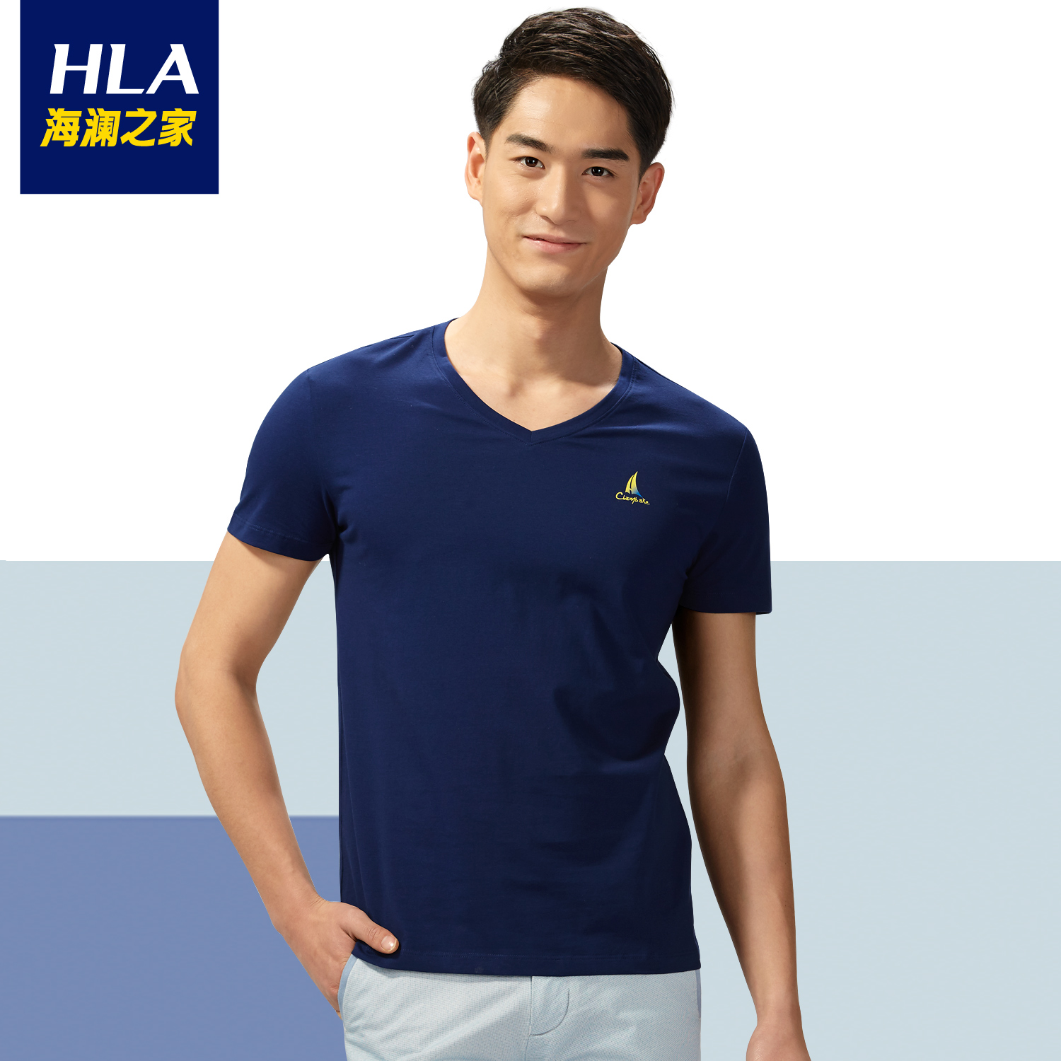 海澜之家2015夏季新品男装正品印花v领短袖t恤hntbj2a255a 藏青(r6)