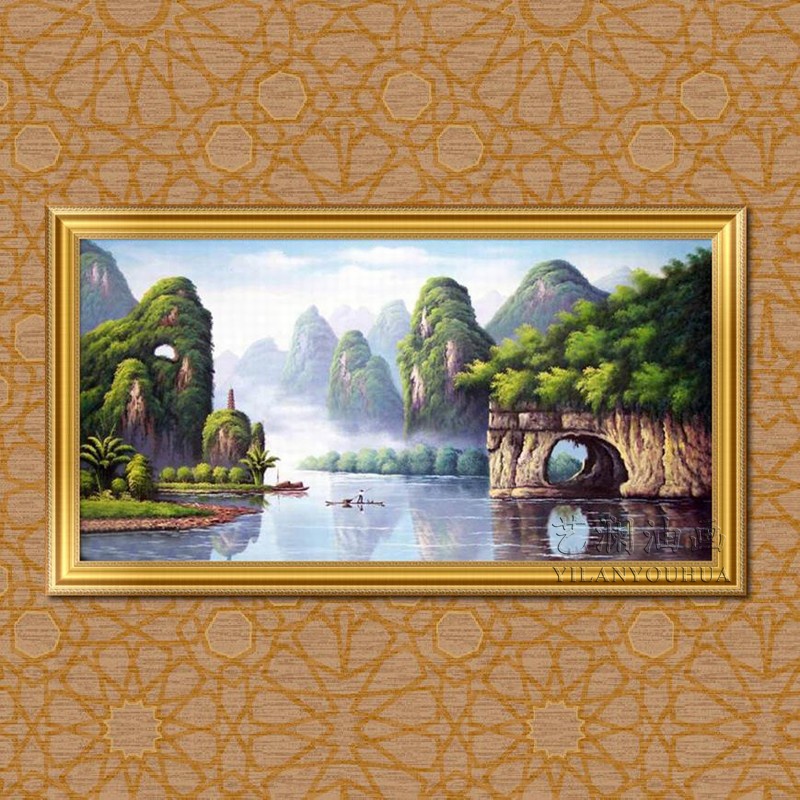 艺澜风水油画 大幅纯手绘风景桂林山水油画划船 客厅装饰画壁挂画sh84