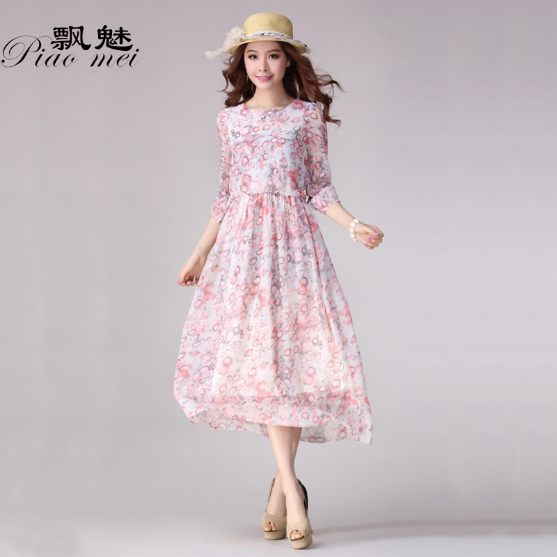 碎花雪纺裙_千媚网|可媚女装绿色碎花v领雪纺