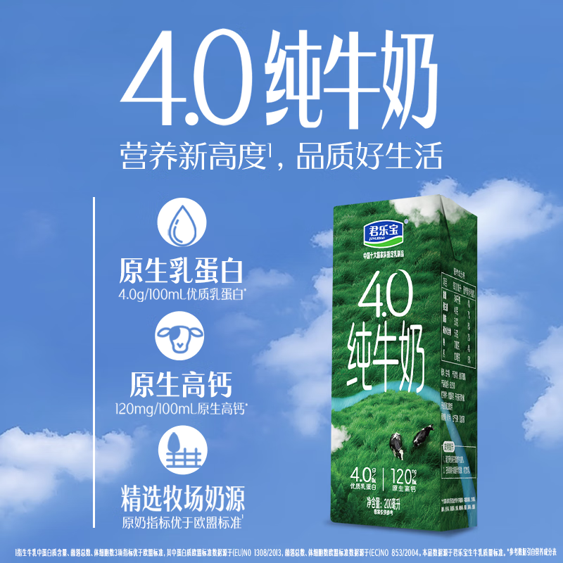 君乐宝4.0优质蛋白纯牛奶200mL*24瓶拍2件 82.3元 - 线报酷
