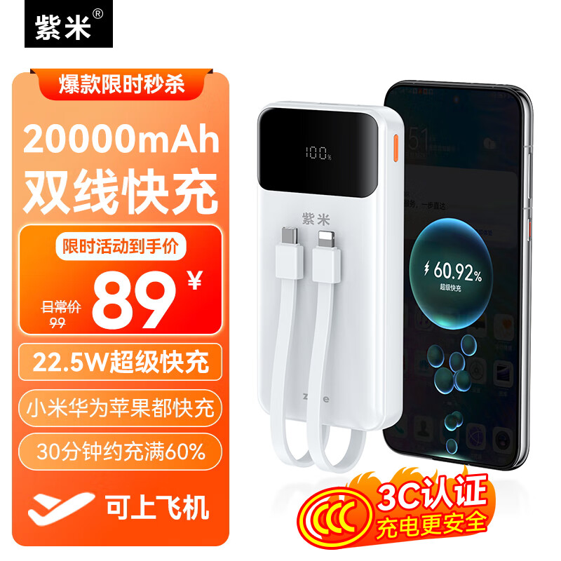 紫米ZIME自带双线快充充电宝20000毫安 74元 - 折送网