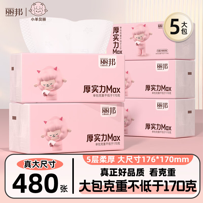 丽邦厚实力max嫩的小羊五层加厚大包抽纸5大包*480张 6.9元 - 线报酷