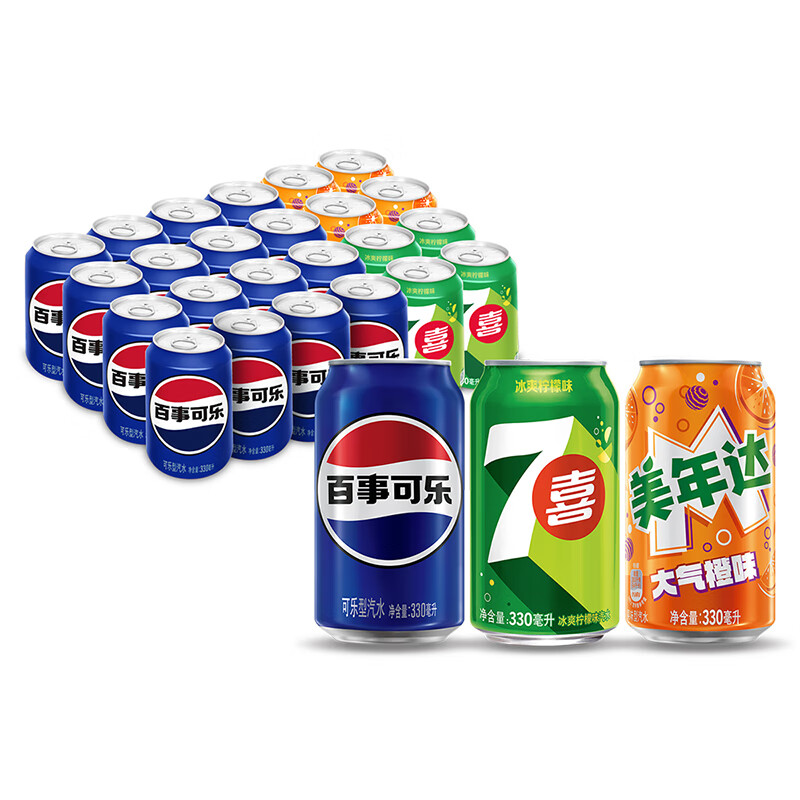 先领29-10券 百事七喜美年达混合装碳酸汽水饮料330ml*24罐 - 86线报