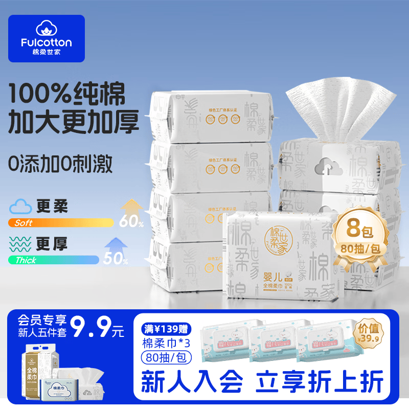 速棉柔世家母婴绵柔巾80抽*8包 32.9元 - 线报酷