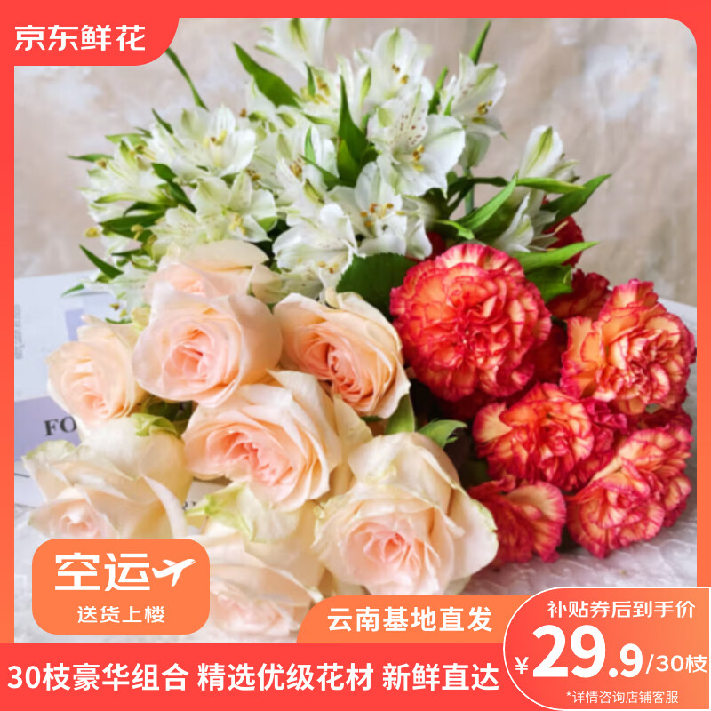 自营京东鲜花 玫瑰10枝+康乃馨10枝+水仙百合10枝 29.9元 - 折送网