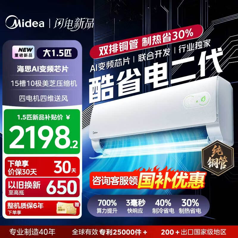 美的 大1.5匹 一级能效双排铜管 1685元 - 86线报