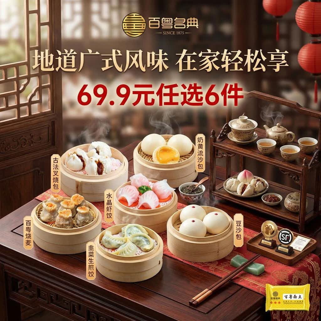 百粤名典广式叉烧/虾饺/豆沙包/烧麦任选 任选6件 39.5元 - 线报酷
