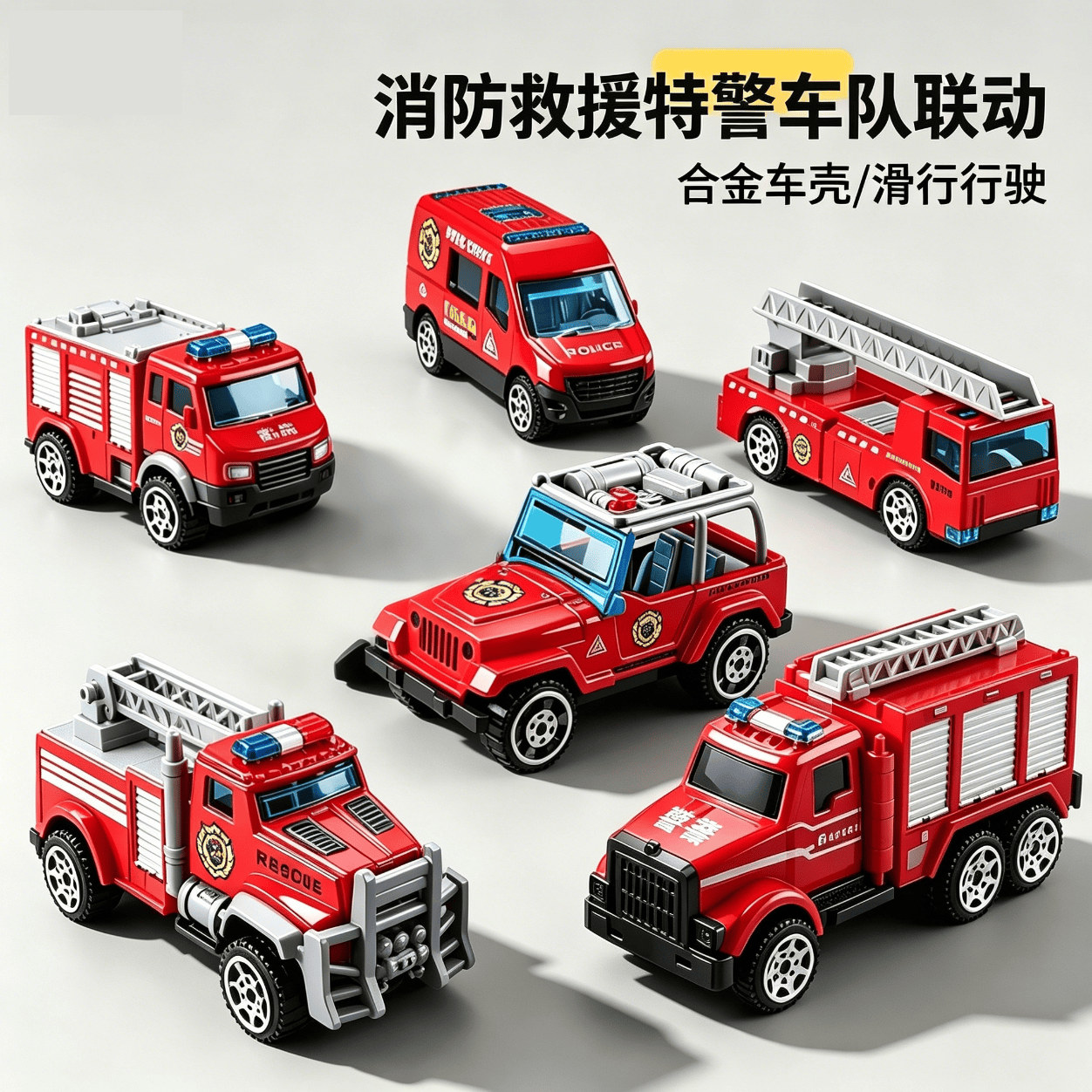 中精质造合金消防车队6只装 9.9元，挖掘机工程车合金模型6只 9.9元 - 美泡泡