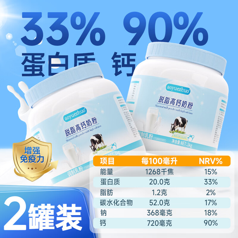 澳悦卓全脂/脱脂蓝胖子牛奶粉1kg*2罐 89.8元 - 线报酷