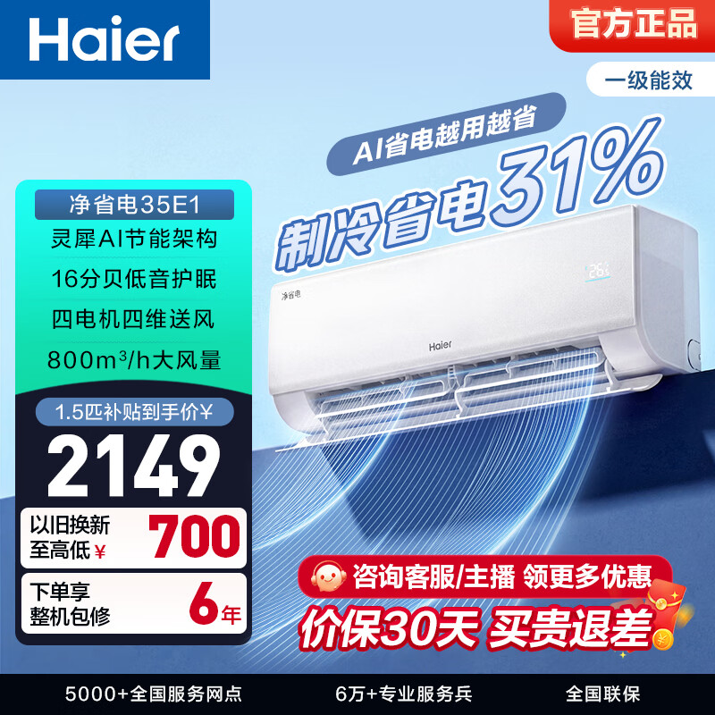 海尔净省电空调小红花套系 新一级能效 1.5匹变频挂机 冷暖自清洁 AI省电家用壁挂式 1826元 - 折送网