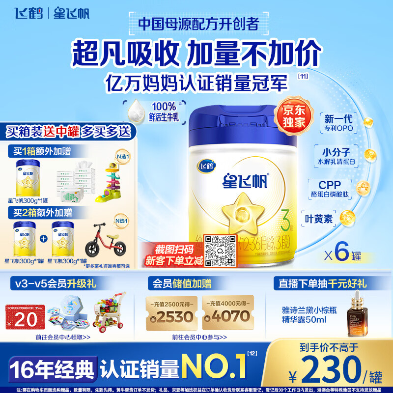 飞鹤奶粉 269元，飞鹤星飞帆幼儿配方奶粉3段(1-3岁)900g*6罐 1553元 - 线报酷