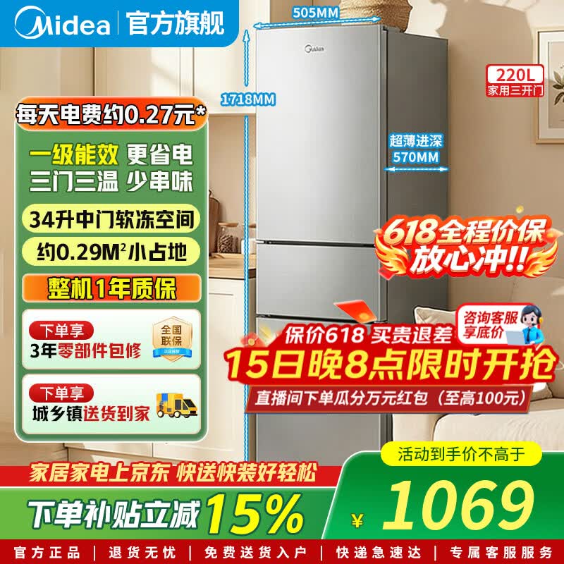 美的220升冰箱灰色 984元，美的220升冰箱白色 1014元，美的239升冰箱白色 1413元 - 线报酷