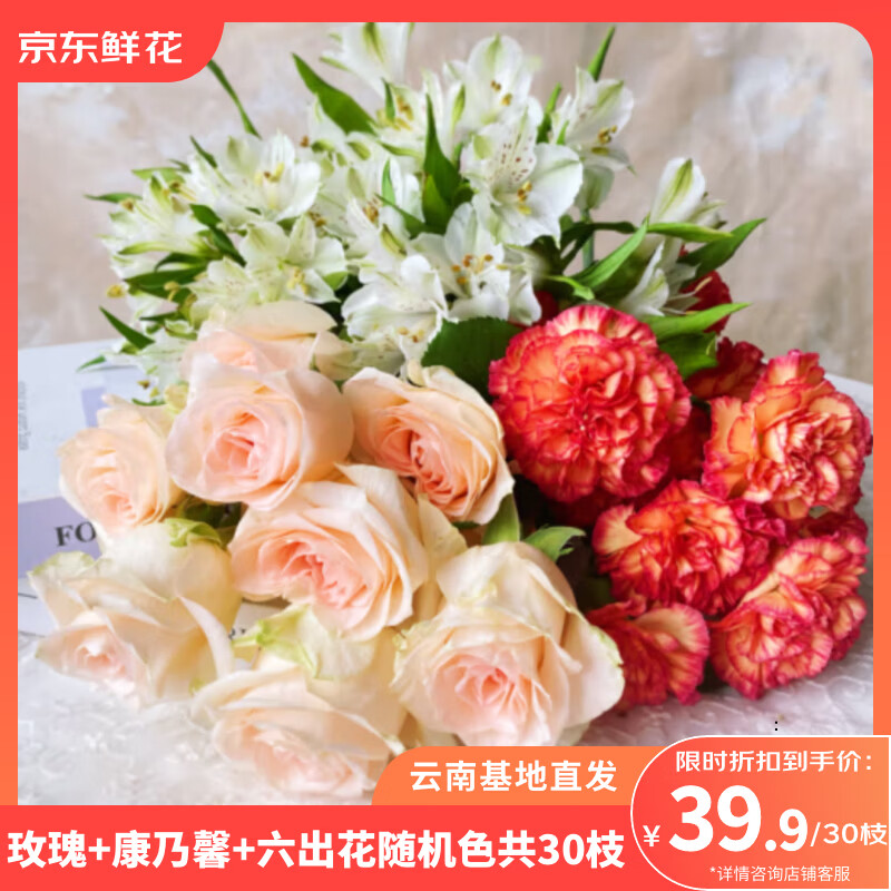 自营京东鲜花 玫瑰10枝+康乃馨10枝+六初花10枝 39.9元 - 线报酷