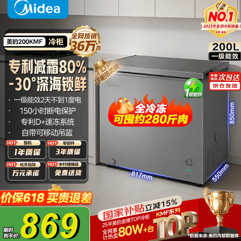 美的200升冰柜单温家用减霜非无霜冷藏柜冷冻两用小冰柜 738元 - 线报酷