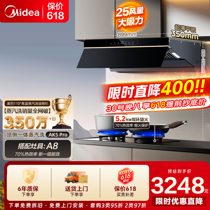 美的蒸汽洗烟灶套装CXW-140-AK5PRO升级款+JZT-A8 3148元 - 86线报