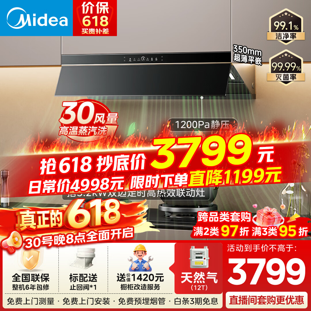美的28风量高温蒸汽洗AK7PRO单烟机 2499元 - 线报酷