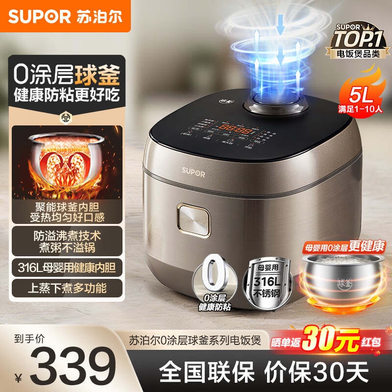苏泊尔电饭煲0涂层不锈钢球釜2026年新款5L 272.20元 - 86线报