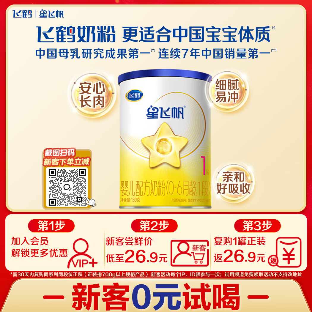 飞鹤星飞帆奶粉1段130g 26.9元，飞鹤星飞帆奶粉2段130g 22.9元 - 线报酷