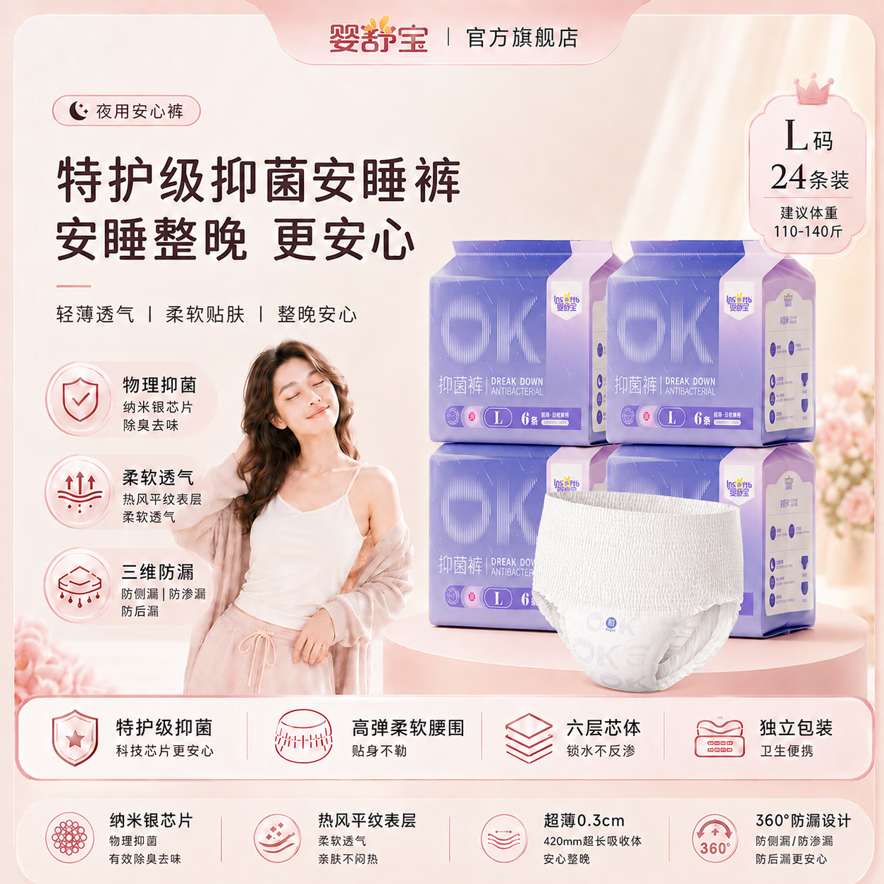 婴舒宝安睡裤纳米安心裤经期夜用裤型姨妈巾日用孕妇卫生巾L 24片4包超值装 16.9元 - 86线报