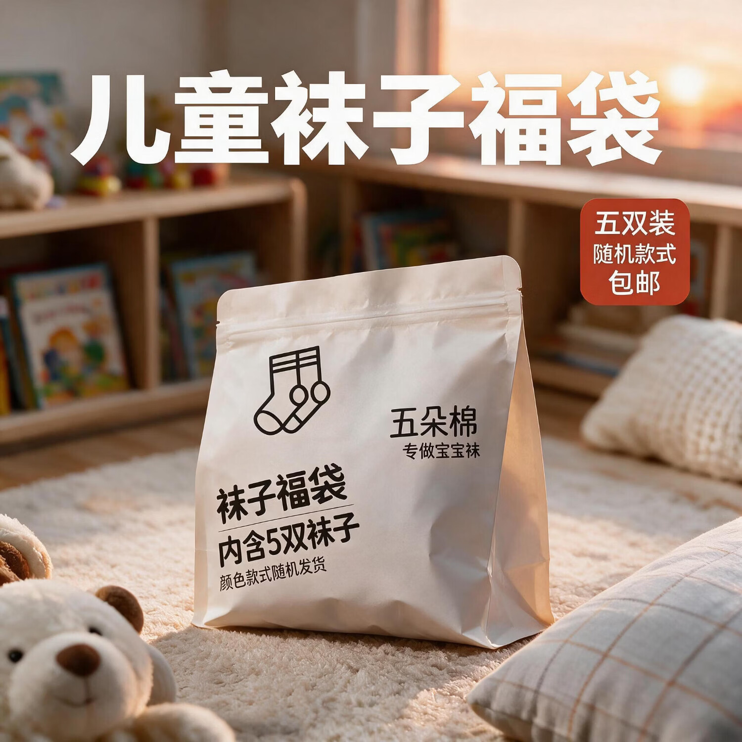 五朵棉超值童袜福袋四季无骨缝袜子福袋5双 9.9元 - 86线报