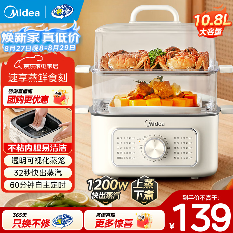 美的多功能蒸汽锅上蒸下煮10.8L 118.9元，美的三层大容量不锈钢电蒸锅14.5L 158.9元 - 86线报