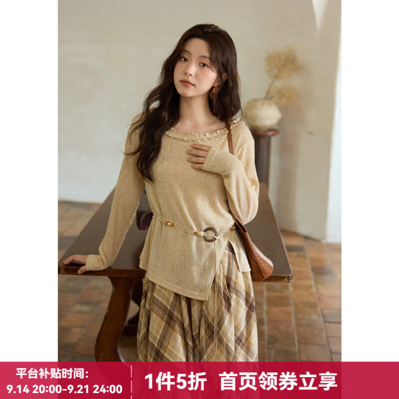 谜秀杏色苎麻针织衫送腰带木耳边领侧开叉落肩罩衫杏色上衣M 44.50元 - 86线报